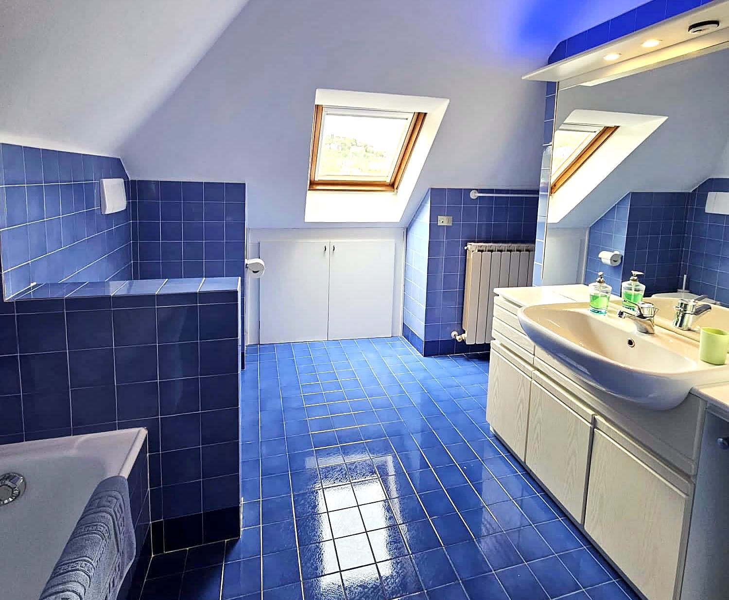 Bagno blu con vasca – Vasca, lavabo e lucernario